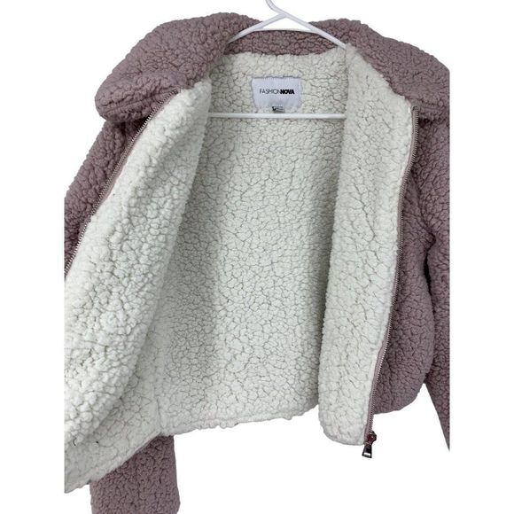 FASHION NOVA Pink Blush Sherpa Teddy zip up jacket size Medium GUC 3727 Lined - Picture 5 of 7